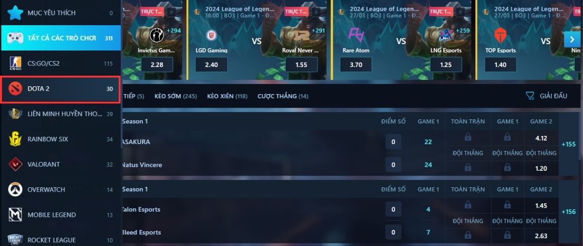 chọn dota 2 trong bảng kèo