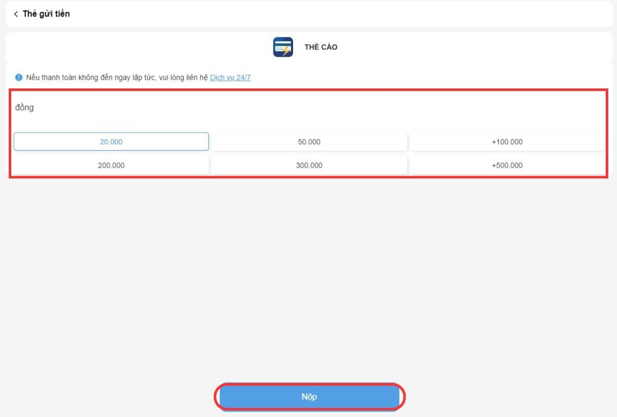 chọn mức nạp tiền 8xbet qua thẻ cào