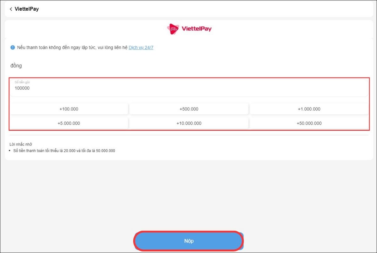 chọn mức nạp tiền 8xbet qua viettelpay