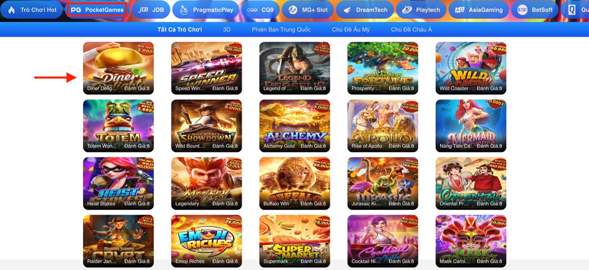 chọn vào sảnh chơi slot 8xbet