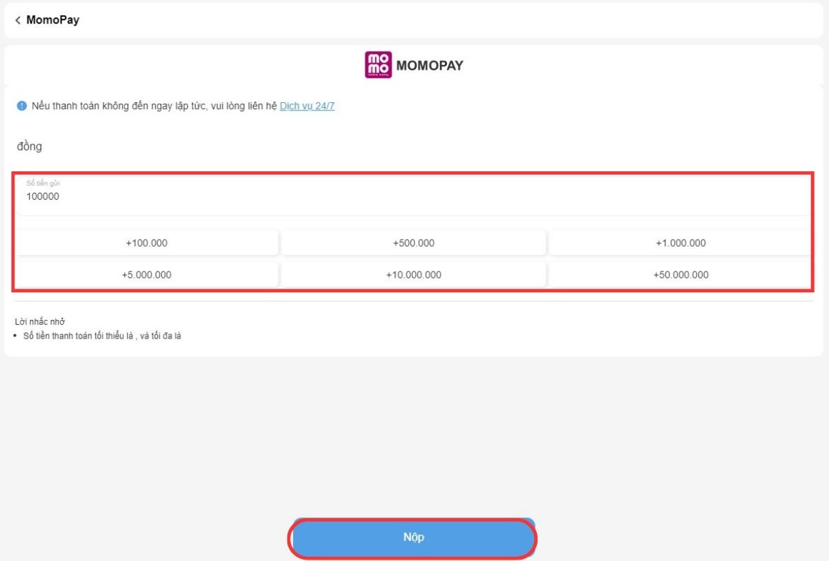 chọn số tiền để nạp tiền 8xbet qua momo