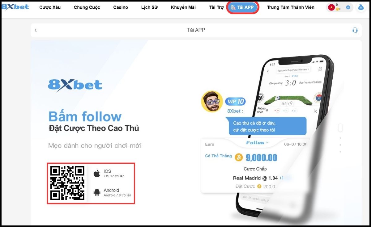 chọn vào mục tải app 8xbet