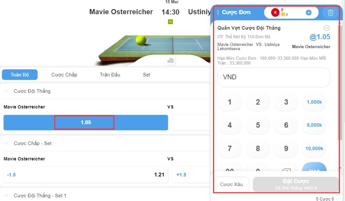 tiến hành đặt cược quần vợt 8xbet