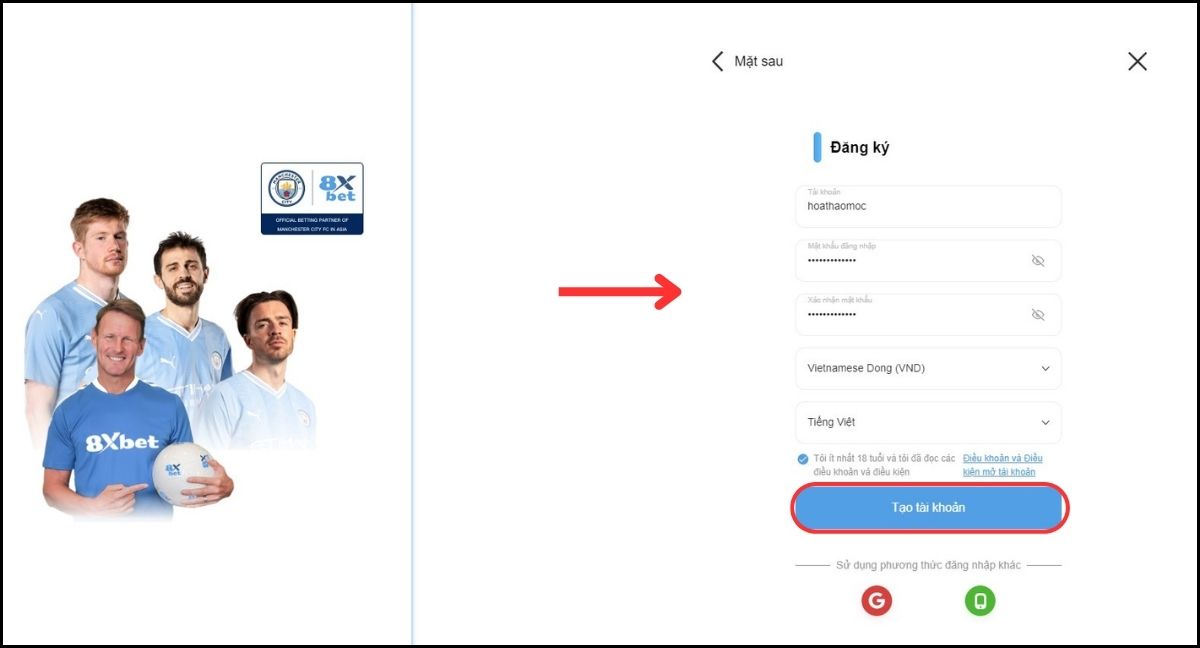 điền thông tin đăng ký 8xbet