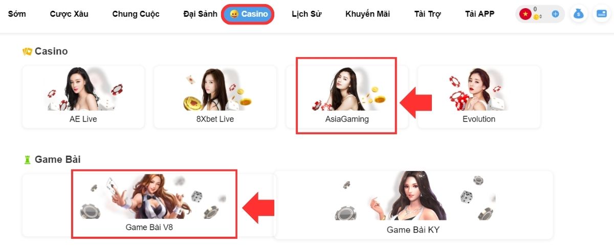 truy cập vào casino 8xbet để chọn xóc đĩa