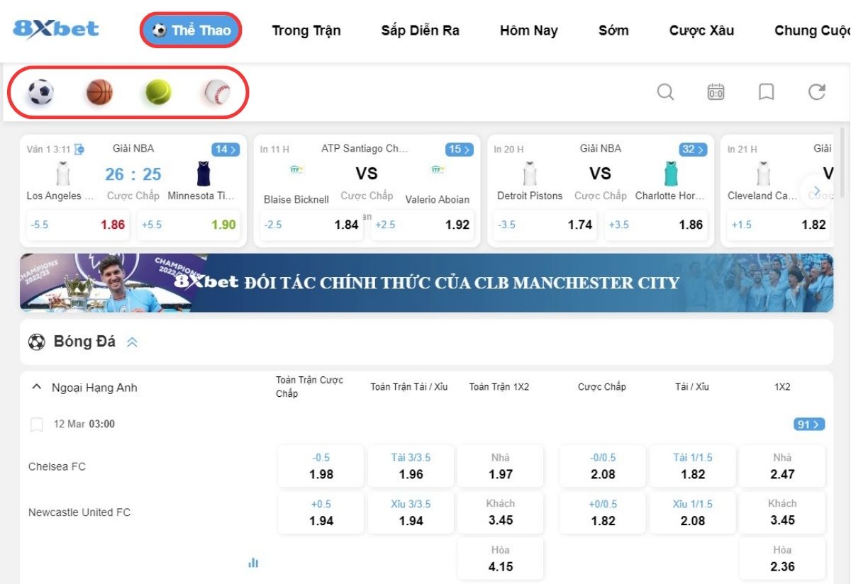 vào mục thể thao 8xbet