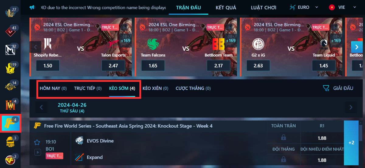 chọn trận đấu free fire 8xbet bạn muốn đặt cược