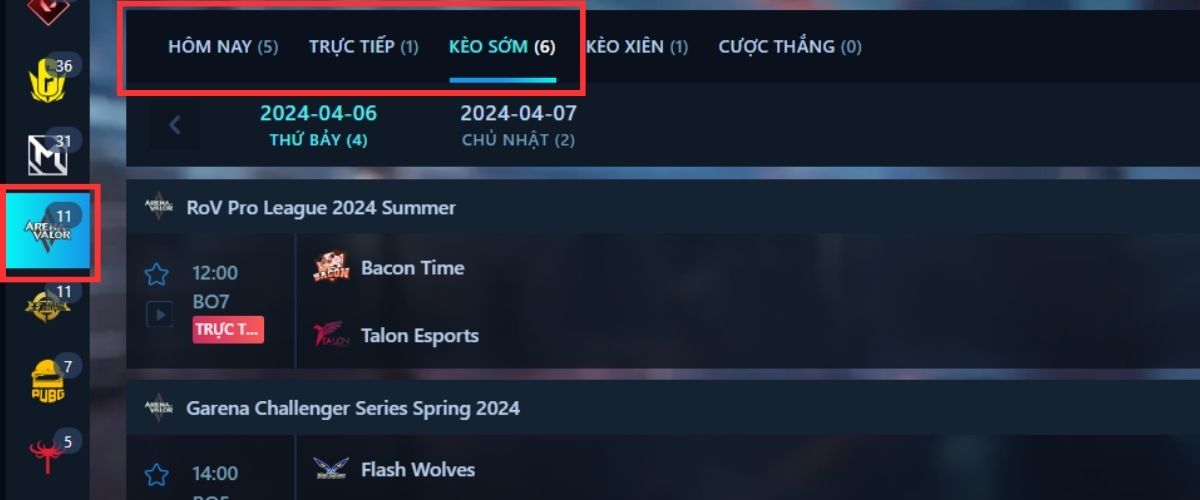 chọn trận đấu bạn muốn đặt cược
