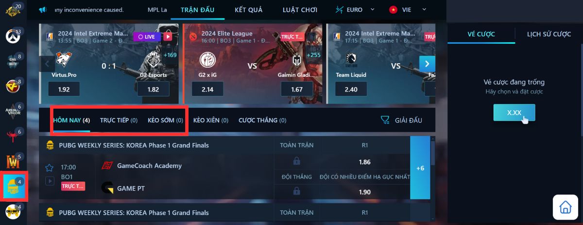 chọn trận đấu pubg bạn muốn đặt cược