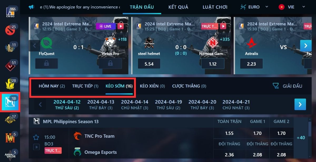 chọn trận đấu mobile legends muốn đặt cược