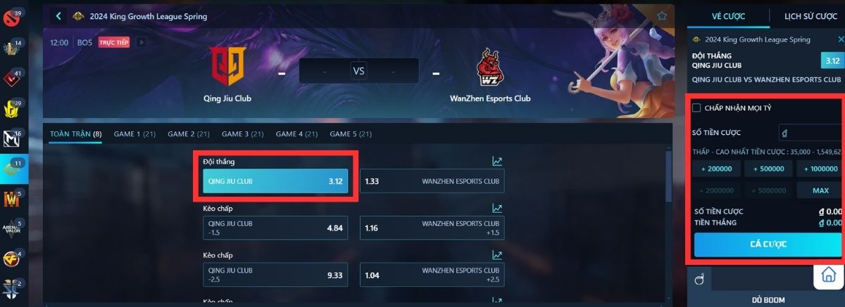 đặt cược vương giả vinh diệu 8xbet