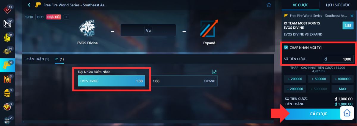 người chơi tiến hành cá cược free fire 8xbet