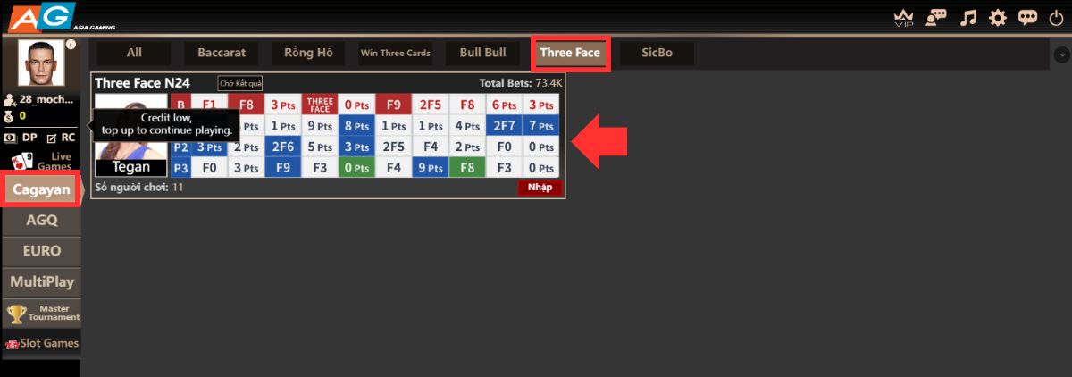vào phòng chơi three face 8xbet