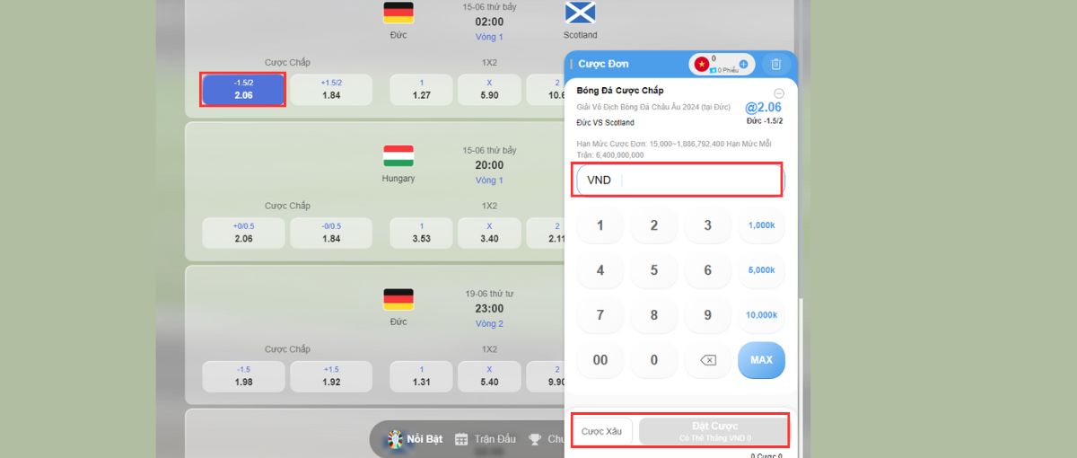 chọn kèo cược và tiến hành đặt cược euro 8xbet
