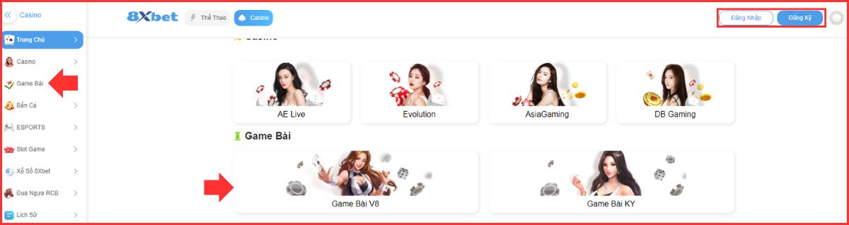 truy cập trang game bài 8xbet để chọn sảnh chơi