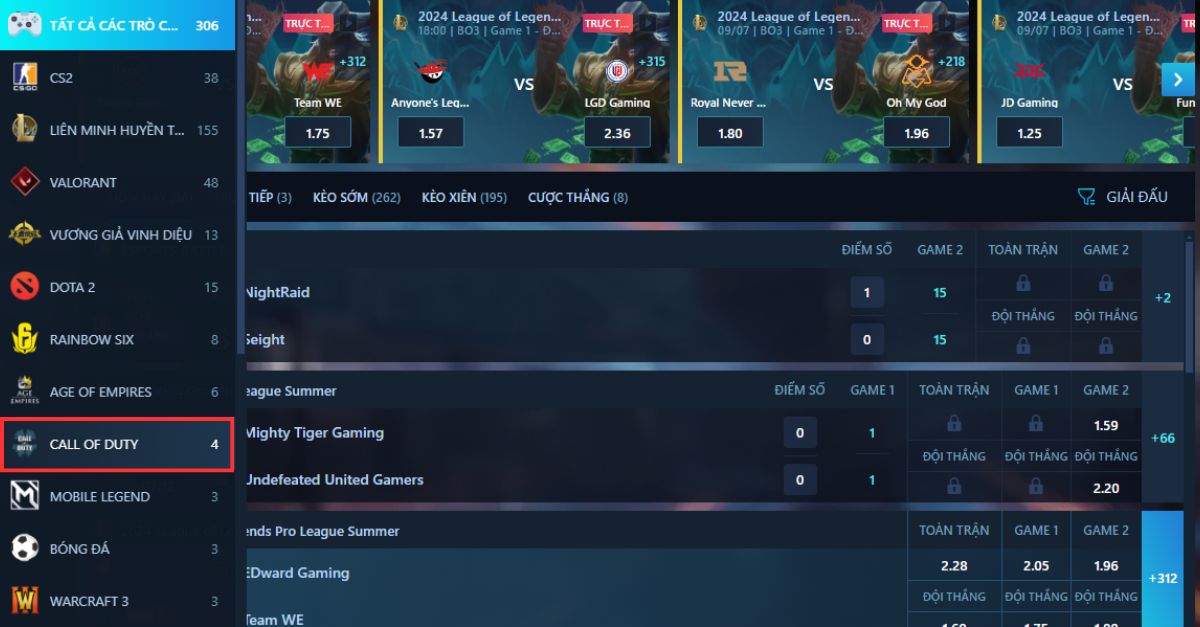 chọn bộ môn call of duty trong bảng kèo