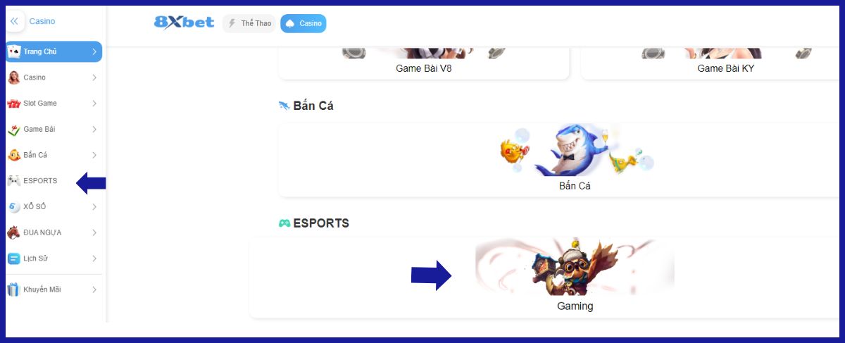 chọn sảnh gaming trong sảnh esport