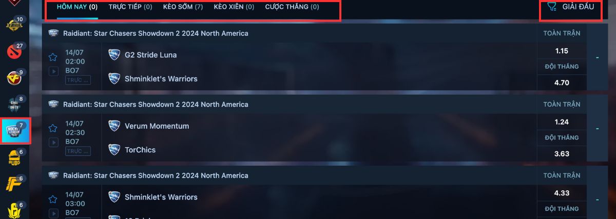 chọn trận đấu rocket league muốn cược