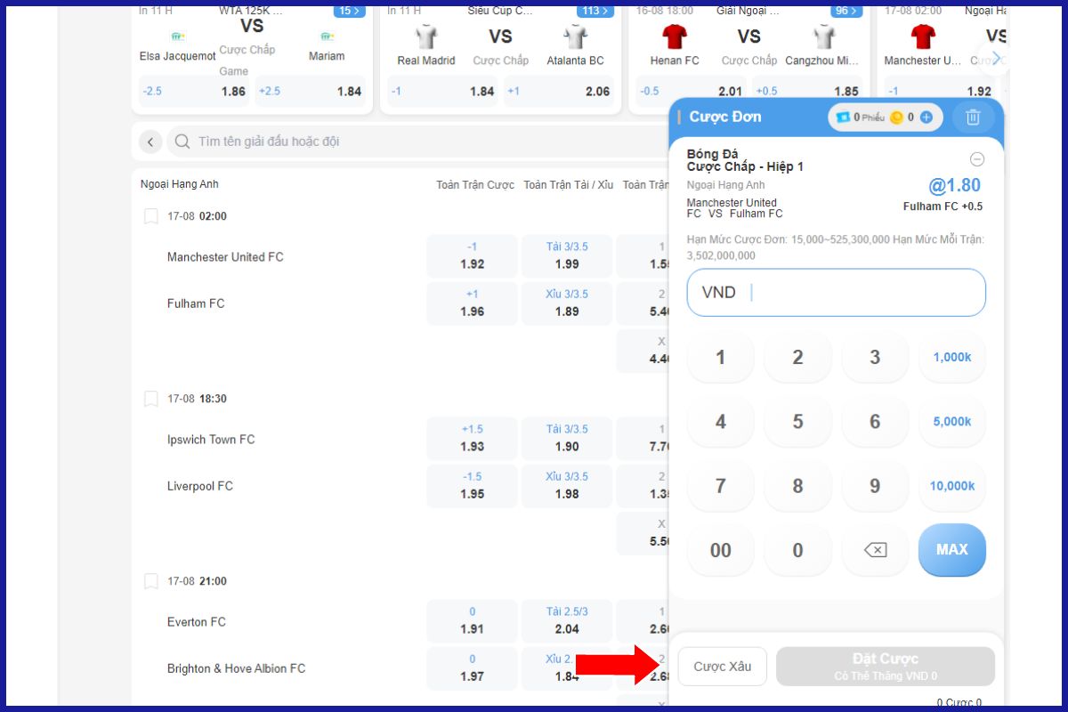 chọn kèo và tiến hành đặt cược ngoại hạng anh 8xbet