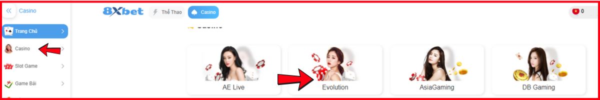 truy cập vào sảnh evolution để chọn sảnh chơi cờ tỷ phú