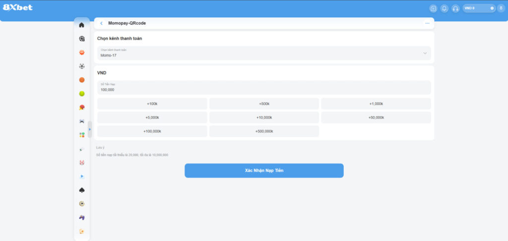 Biểu mẫu nạp tiền MoMo trên 8XBET