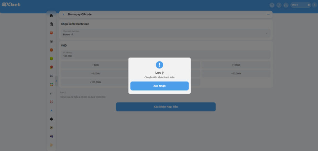 Thông báo chuyển đến kênh thanh toán 8XBET
