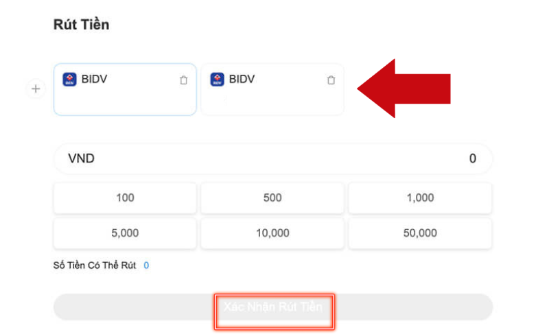 Màn hình chọn tài khoản và số tiền trên giao diện 8XBET lưu trữ, đã che ký tự tài khoản